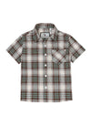 Front view of kids white and green short sleeve flannel shirt buttoned