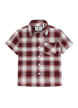 Front view of kids red short sleeve flannel shirt