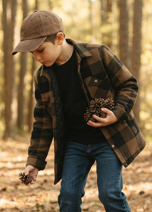 Front view of a young boy wearing a brown and black buffalo plaid flannel shirt jacket--XR1177AG-S,XR1177AG-M,XR1177AG-L,XR1177AG-XL