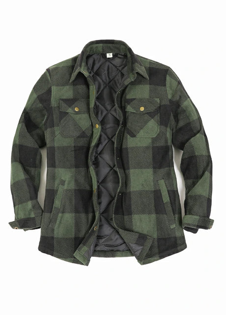 Front view of army green women's quilted lined snap button shirt jacket-XR1178AG-S,XR1178AG-M,XR1178AG-L,XR1178AG-XL,XR1178AG-XXL