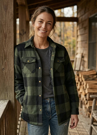 Front view of a woman wearing an army green women's quilted lined snap button shirt jacket-XR1178AG-S,XR1178AG-M,XR1178AG-L,XR1178AG-XL,XR1178AG-XXL