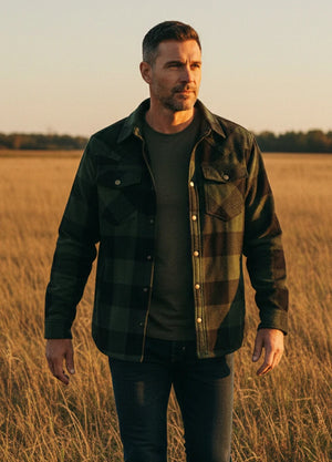 Front view of a man wearing an army green men's sherpa lined snap button shirt jacket-XR1201JLV-S,XR1201JLV-M,XR1201JLV-L,XR1201JLV-XL,XR1201JLV-XXL
