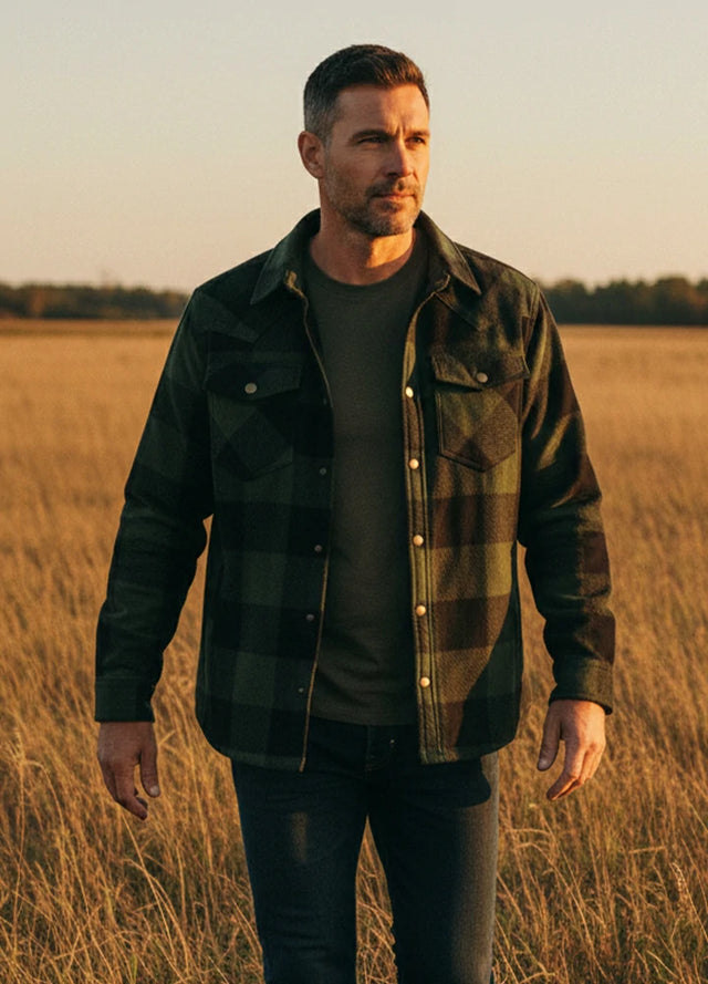 Front view of a man wearing an army green men's sherpa lined snap button shirt jacket-XR1201JLV-S,XR1201JLV-M,XR1201JLV-L,XR1201JLV-XL,XR1201JLV-XXL