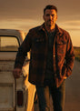 Front view of a man wear a dark rust red men's sherpa lined snap button shirt jacket-XR1201TXH-S,XR1201TXH-M,XR1201TXH-L,XR1201TXH-XL,XR1201TXH-XXL