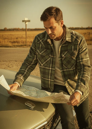 Front view of a man wearing a green men's sherpa lined snap button shirt jacket-XR1201GLL-S,XR1201GLL-M,XR1201GLL-L,XR1201GLL-XL,XR1201GLL-XXL