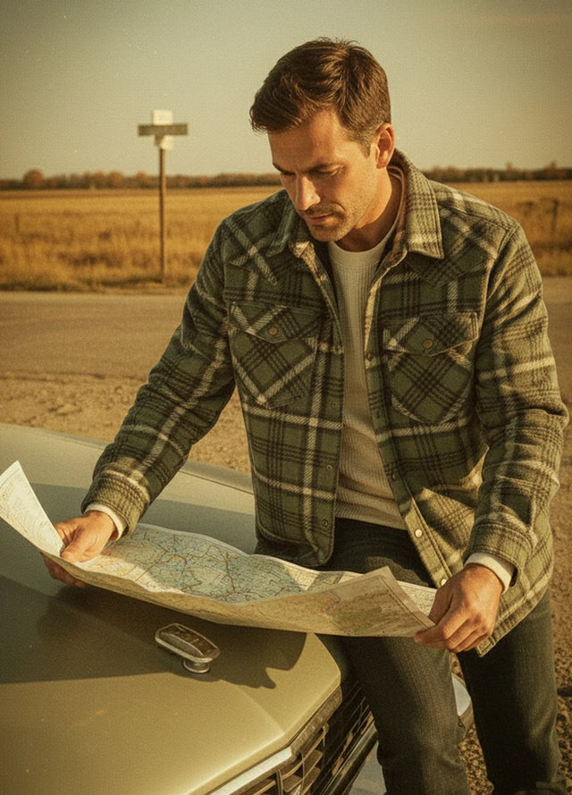 Front view of a man wearing a green men's sherpa lined snap button shirt jacket-XR1201GLL-S,XR1201GLL-M,XR1201GLL-L,XR1201GLL-XL,XR1201GLL-XXL