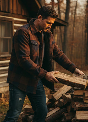 Side view of a man wear a dark rust red men's sherpa lined snap button shirt jacket-XR1201TXH-S,XR1201TXH-M,XR1201TXH-L,XR1201TXH-XL,XR1201TXH-XXL