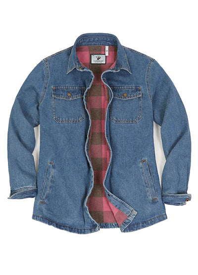 Women's Classic Denim Flannel Lined Shacket, Snap Button