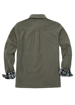Back view of men's gray flannel lined heavy utility shirt jacket