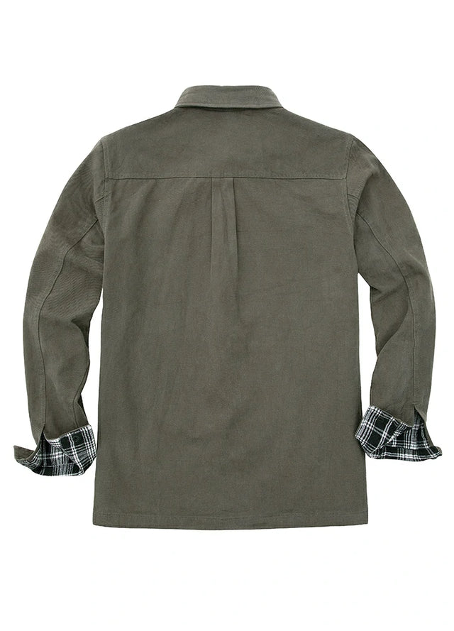 Back view of men's gray flannel lined heavy utility shirt jacket