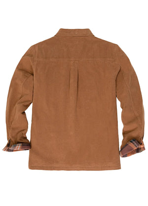 Back view of men's orange flannel lined heavy utility shirt jacket