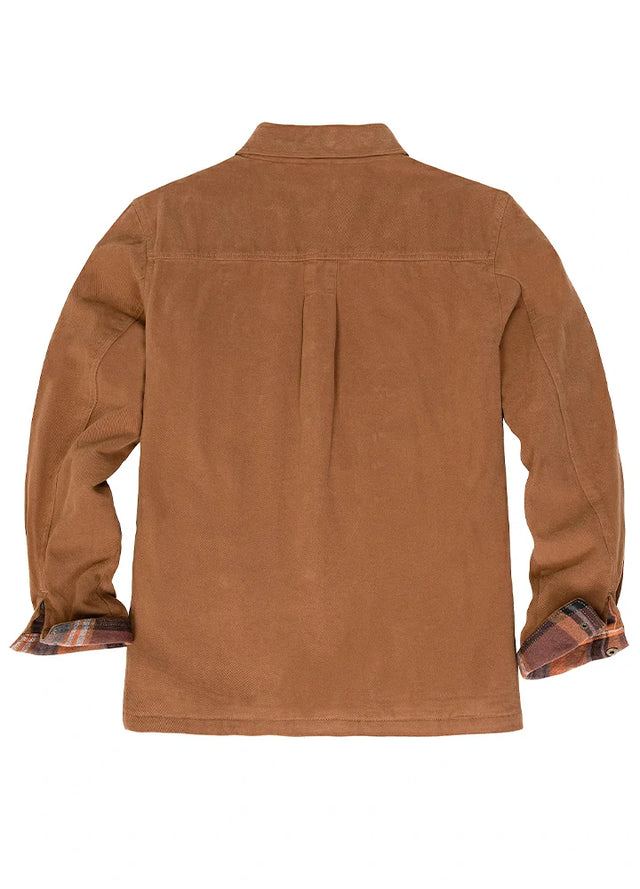 Back view of men's orange flannel lined heavy utility shirt jacket