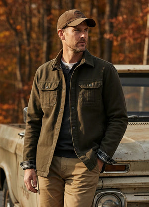 Men's Flannel Lined Heavy Washed Cotton Outdoor Utility Shirt Jacket