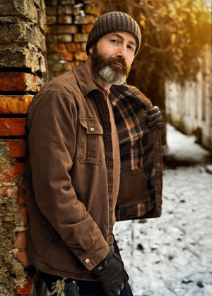 Men's Flannel Lined Heavy Washed Cotton Outdoor Utility Shirt Jacket