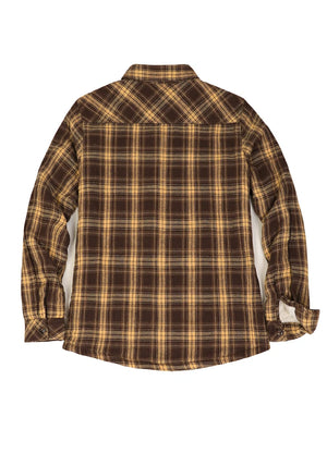 Back view of women's brown sherpa lined flannel plaid shacket