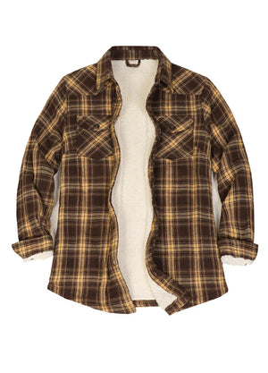 Long-sleeve sherpa-lined brown flannel jacket for women