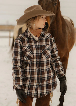 Women in a brown white sherpa-lined flannel jacket side view