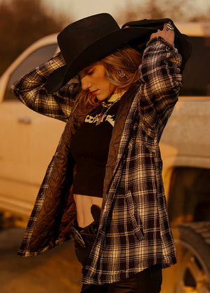 Women's Quilted Lined Hooded Plaid Flannel Shirt Jacket with Hood