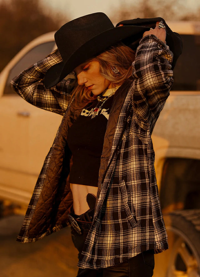 Women's Quilted Lined Hooded Plaid Flannel Shirt Jacket with Hood