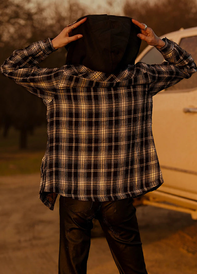 Women's Quilted Lined Hooded Plaid Flannel Shirt Jacket with Hood