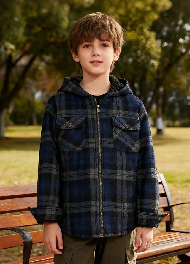 Boys Full Zip Up Sherpa Lined Plaid Flannel Jacket