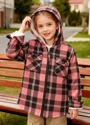 Girls Sherpa Lined Full Zip Plaid Flannel Shirt, Hooded Flannel Jacket