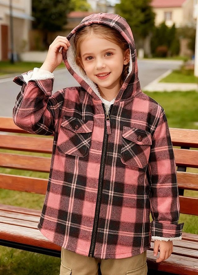 Girls Sherpa Lined Full Zip Plaid Flannel Shirt, Hooded Flannel Jacket