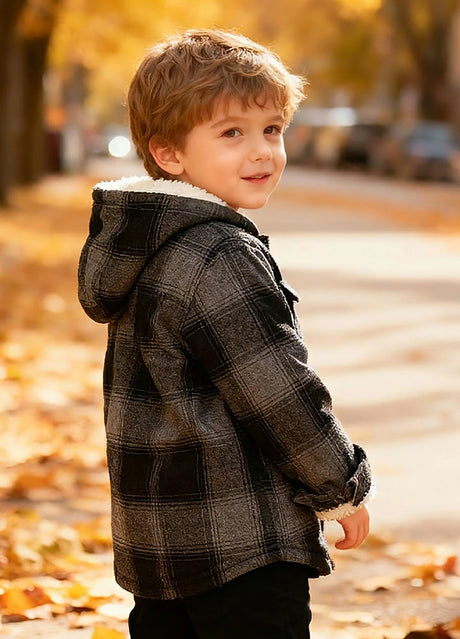 Unisex Sherpa-Lined Plaid Flannel Shacket for Toddler,Full Zip Up