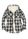 Front view of a women's sherpa lined black white plaid flannel hooded jacket