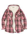 Front view of a women's sherpa lined pink plaid flannel hooded jacket