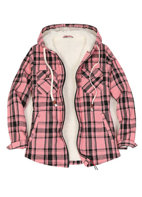 Front view of a women's sherpa lined pink plaid flannel hooded jacket