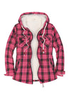 Front view of a women's sherpa lined rose red plaid flannel hooded jacket