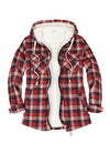 Front view of a women's sherpa lined burgundy plaid flannel hooded jacket