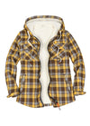 Front view of a women's sherpa lined yellow plaid flannel hooded jacket