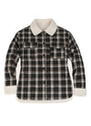 Front view of a women's fleece lined black plaid flannel jacket