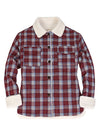 Front view of a women's fleece lined burgundy plaid flannel jacket