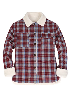 Front view of a women's fleece lined burgundy plaid flannel jacket