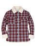 Front view of a women's fleece lined burgundy plaid flannel jacket