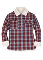 Front view of a women's fleece lined burgundy plaid flannel jacket