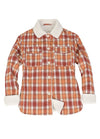 Front view of a women's fleece lined orange plaid flannel jacket