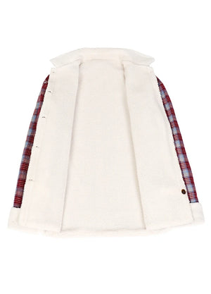 Open view of a women's warm fleece-lined burgundy flannel shacket