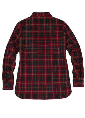 Back view of a red and navy women's quarter zip flannel shirt 