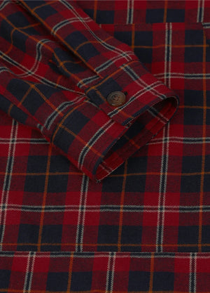 Detail view of the cuff of a red navy women's quarter zip flannel shirt 