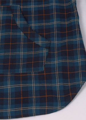 Close-up of the kangaroo pocket of the blue navy women's casual quarter zip flannel plaid shirt