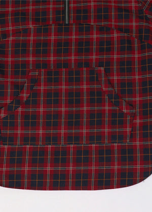 Close-up of the kangaroo pocket of the red navy women's quarter zip flannel shirt