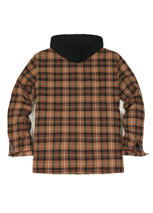 Back view of coffee and red men's quilted lined brushed flannel jacket with hood
