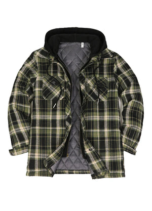 Front view of green and black men's quilted lined brushed flannel plaid hooded 