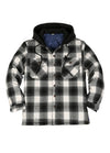 Front view of the black white men's outdoor button up hooded jacket