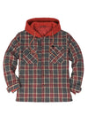 Front view of the red gray men's button up plaid hooded jacket