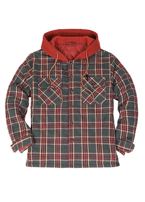 Front view of the red gray men's button up plaid hooded jacket